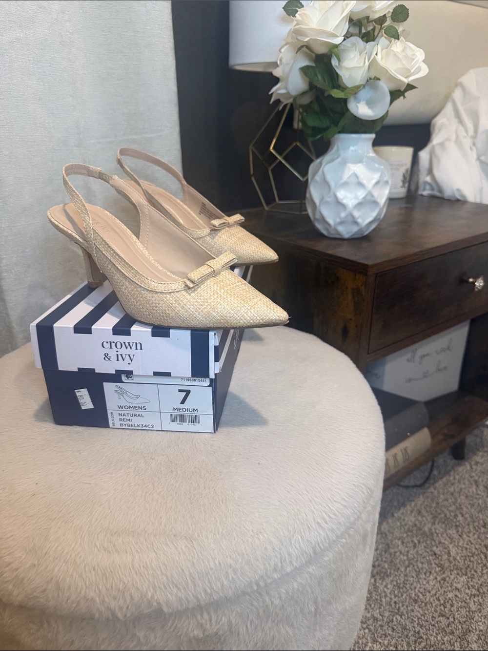 crown & ivy Natural Textured Slingback Heels with Bow Accent